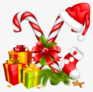 Download Santa Hat Gifts And Candy Canes Christmas Decoration Christmas Decorations Gift Png