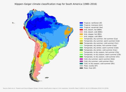 Simplified white-tone Köppen climate classification map of South America showing tropical, arid, temperate, and highland zones